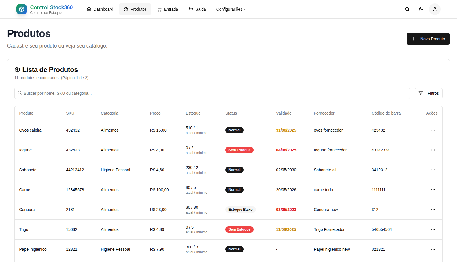 Cadastro de produtos